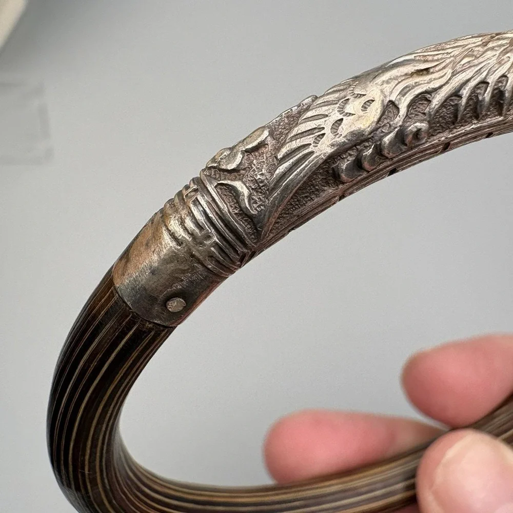 Vintage Chinese Silver Bangle Rattan Phoenix Bamboo Wood 8.25